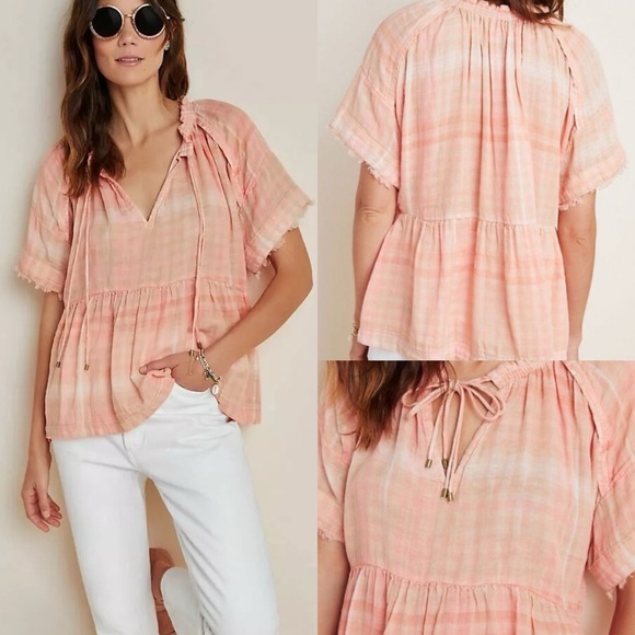 Anthropologie Bette Babydoll Y2K Gauze Peplum Lightweight Pink Coral Top Small S - Picture 1 of 13